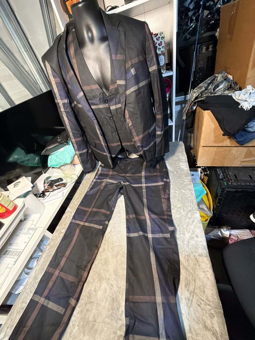 KUDORO Men's 3-Piece Plaid Suit Slim Fit Blazer Vest and Pants Set